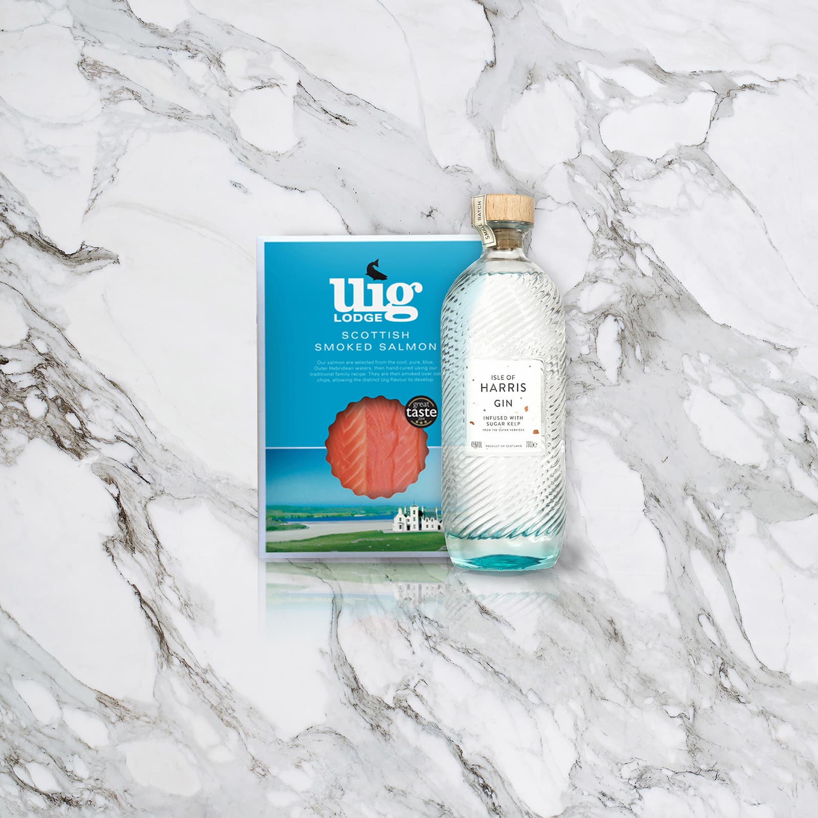 Uig Lodge smoked salmon and Harris Gin gift hamper