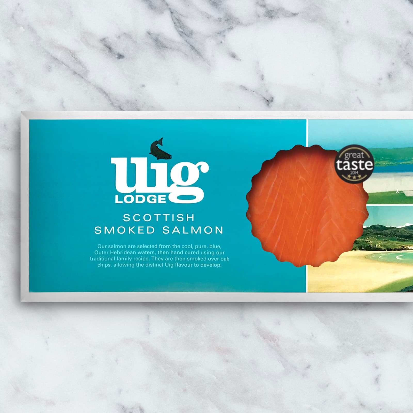 Sliced side of premium Scottish smoked salmon on display